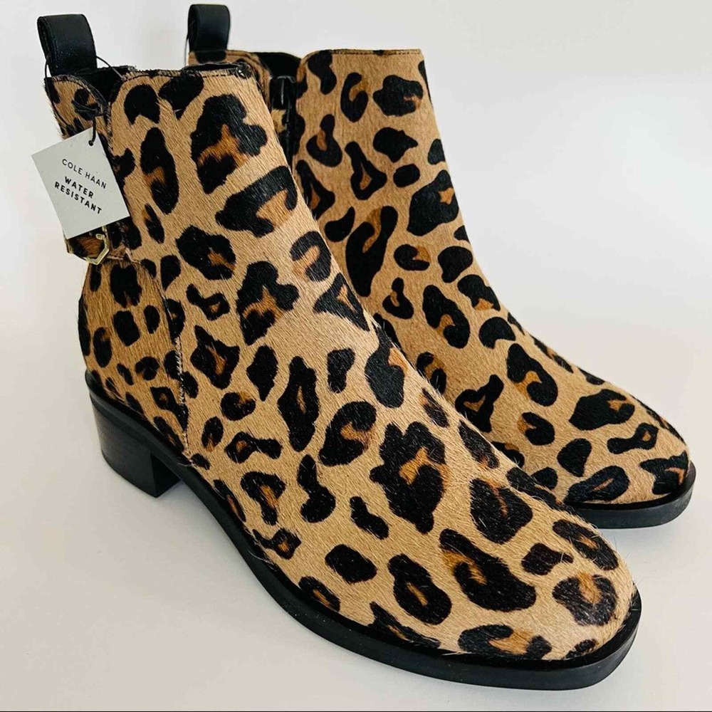 Cole Haan Women Kimberly Waterproof Leopard Print Ankle Bootie 6B Real Fur NWOB